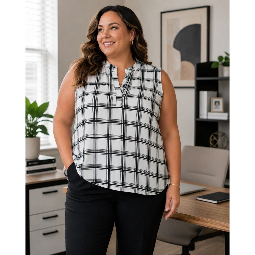 Black White‎ Plaid Mock Neck Sleeveless Blouse Minimalist Office Core Plus 2XL